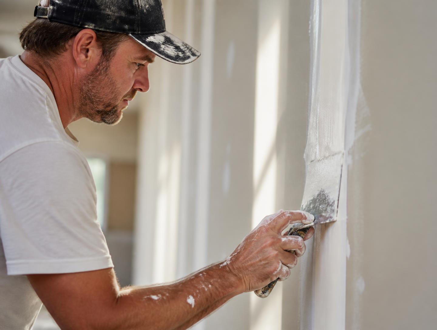 Drywall repair contractor smoothing a taped seam on an interior wall in Colorado Springs